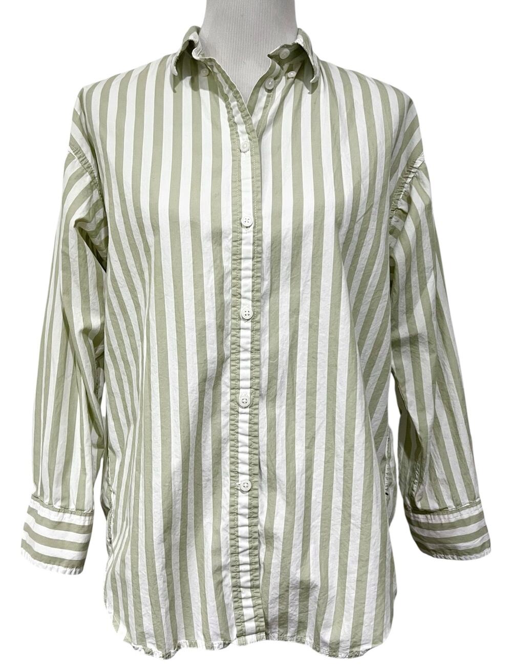 J Crew Striped button Up Shirt Sage Green White Relaxed Cotton Women’s Sz 8